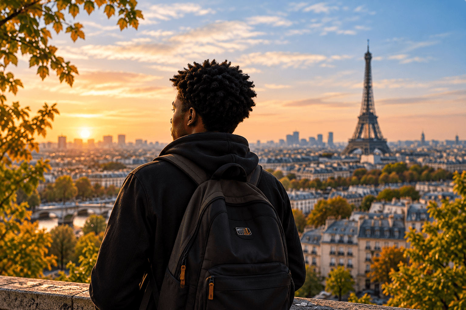 Étudiant regardant la tour Eiffel depuis une colline de Paris