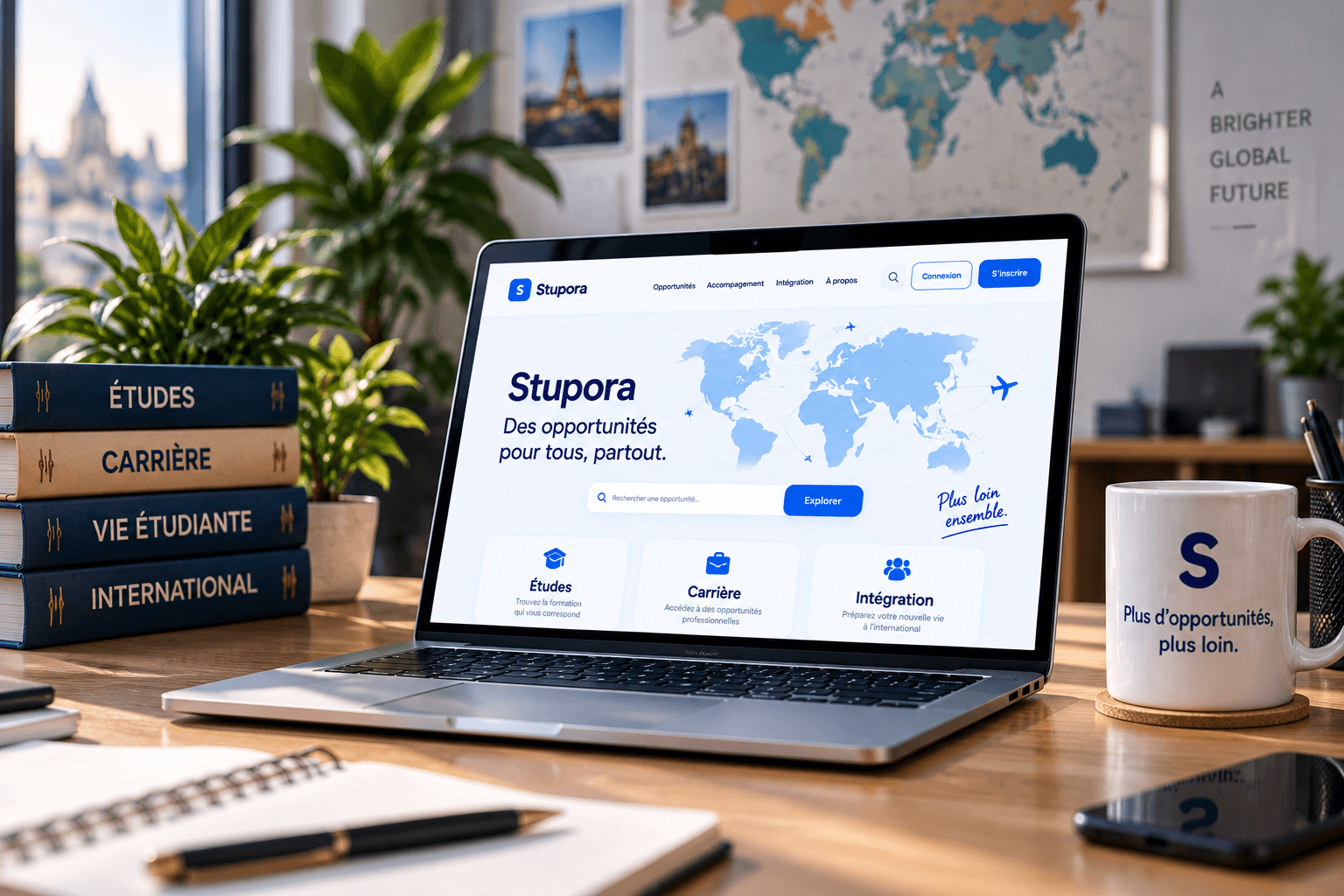 Bureau avec ordinateur portable, livres et carte du monde, symboles des ressources Stupora