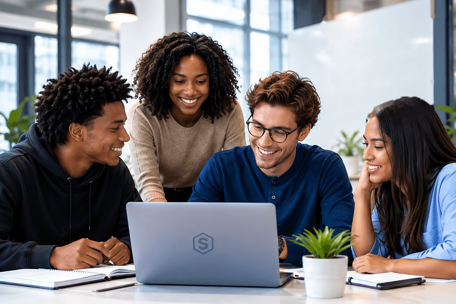 Groupe d'étudiants souriants autour d'un ordinateur portable