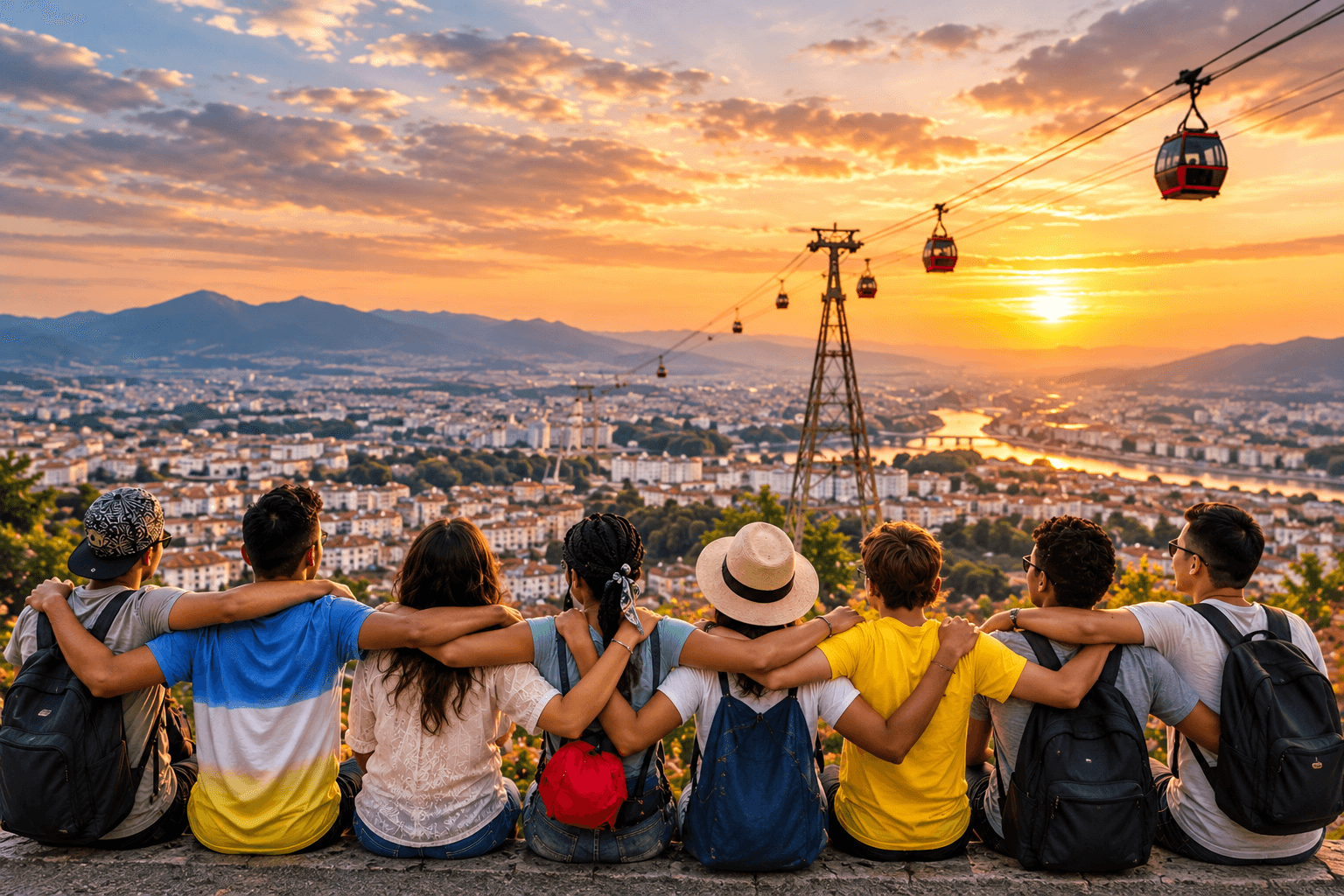 Groupe d'amis étudiants internationaux admirant un coucher de soleil sur la ville