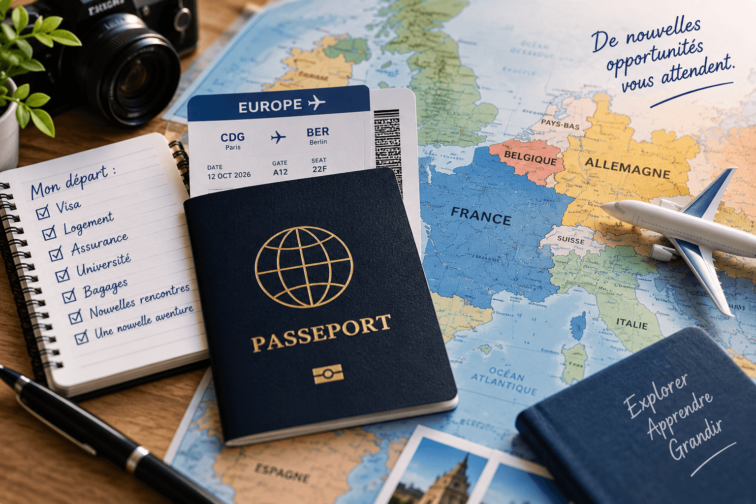 Pasaporte, cuaderno de preparación y mapa de Europa sobre un escritorio