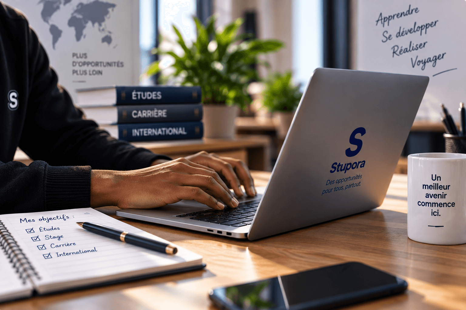 Laptop showing the choice of Stupora support services, next to a mug